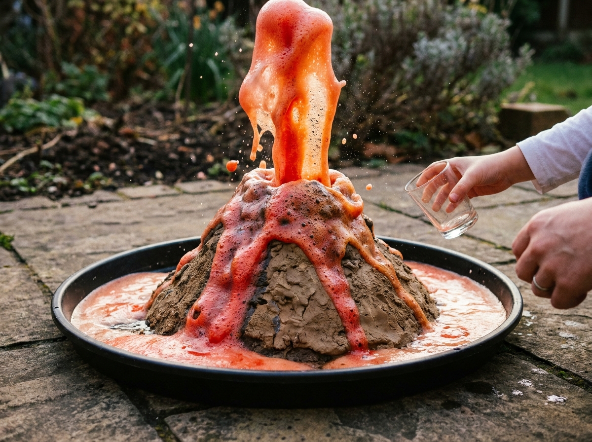 Espuma roja y naranja desborda un volcán casero de bicarbonato y vinagre.