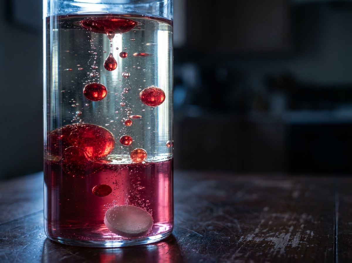 Gotas de agua coloreada suben y bajan entre aceite y burbujas en una lámpara de lava casera.