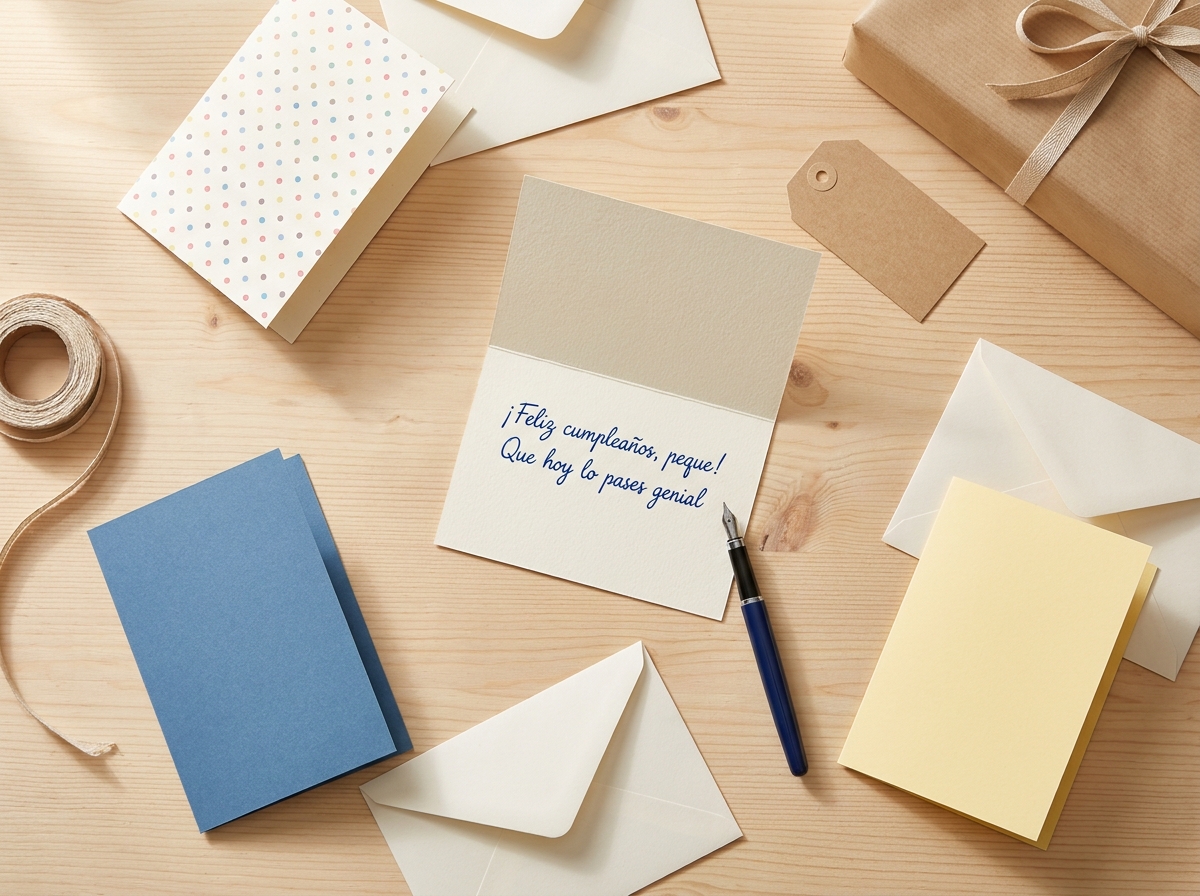 Varias tarjetas de cumpleaños sobre una mesa con un mensaje breve escrito a mano.