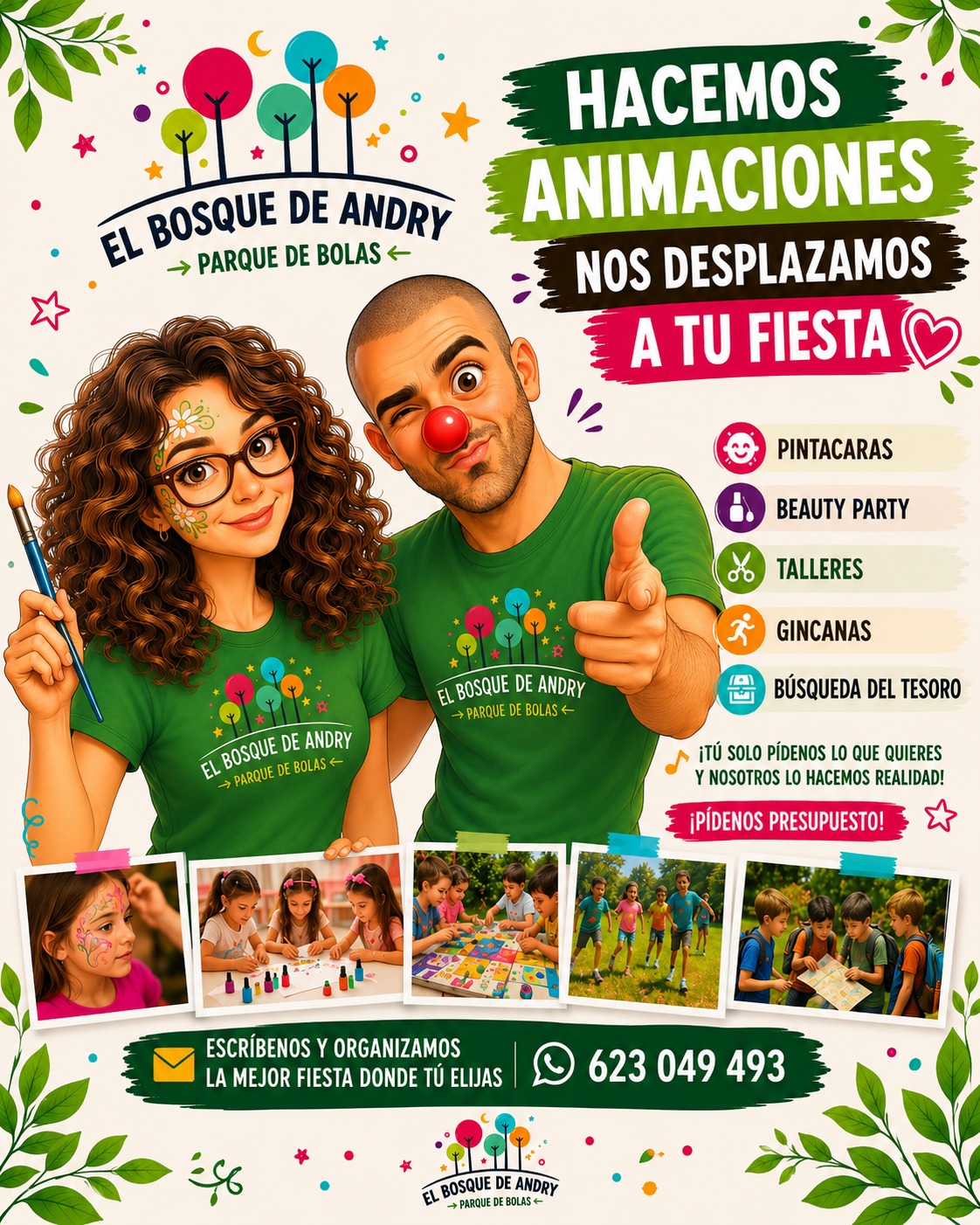 Cartel de animaciones infantiles a domicilio de El Bosque de Andry