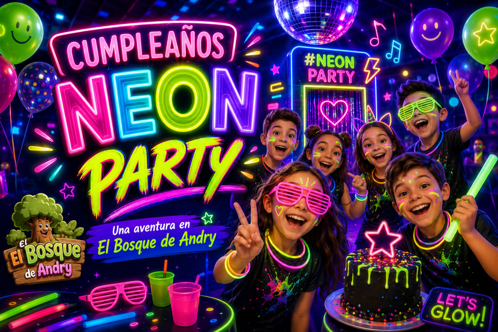 Cartel horizontal de Cumpleaños Neon Party en El Bosque de Andry