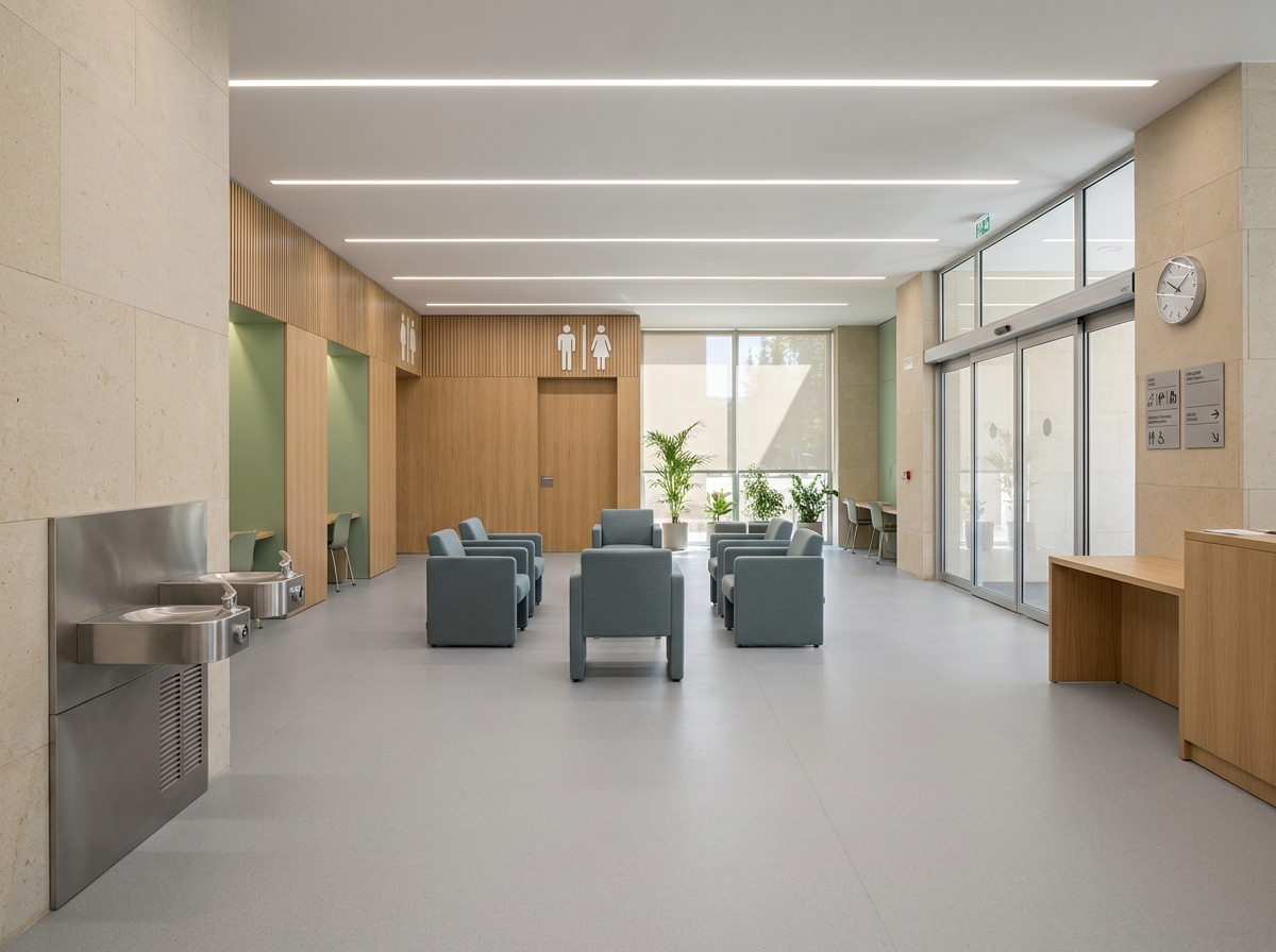 Sala de una biblioteca pública con asientos, fuente de agua, acceso amplio y aseos accesibles.
