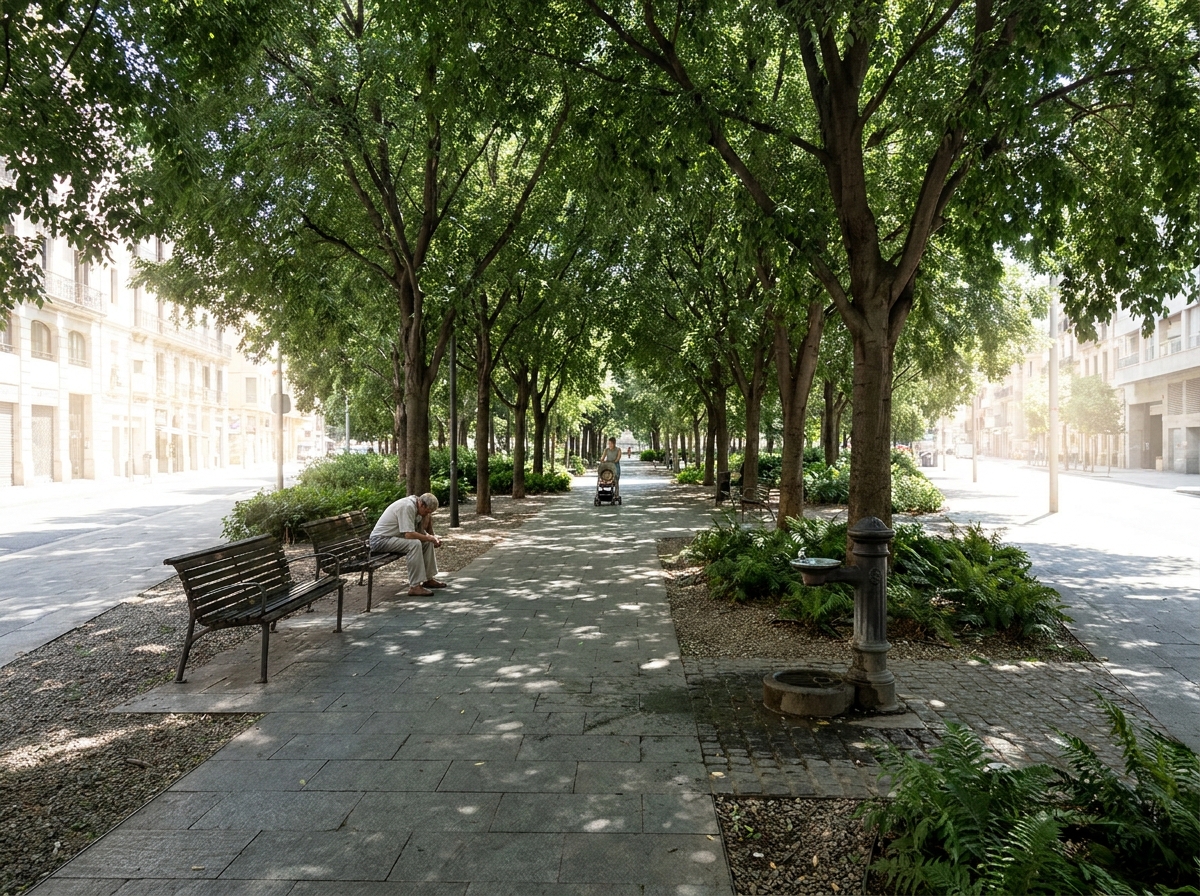 Parque urbano con árboles frondosos, sombra continua, bancos y una fuente de agua.