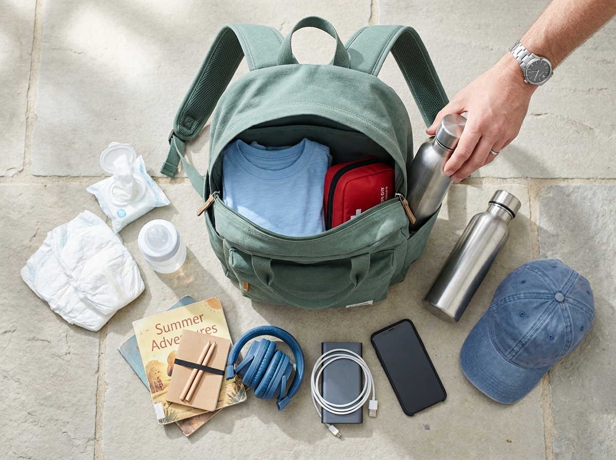 Mochila abierta con agua, gorra, muda, pañales, biberón, medicación, cuento y auriculares infantiles.