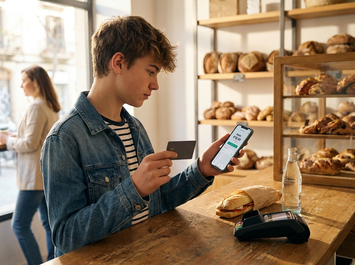 Adolescente revisando el saldo de su dinero después de pagar una compra con tarjeta.