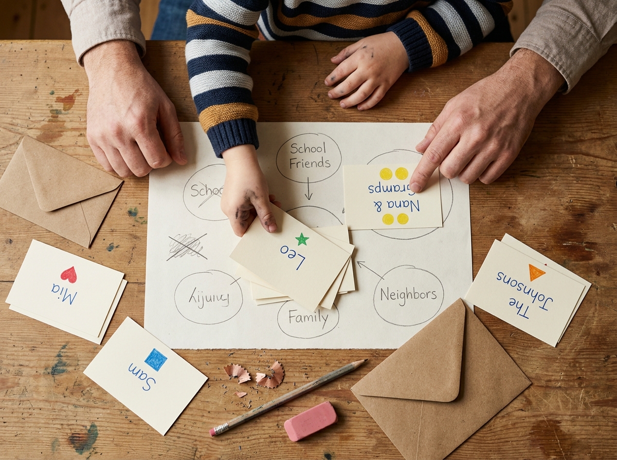 Adulto y niño organizando tarjetas con los invitados de un cumpleaños infantil.