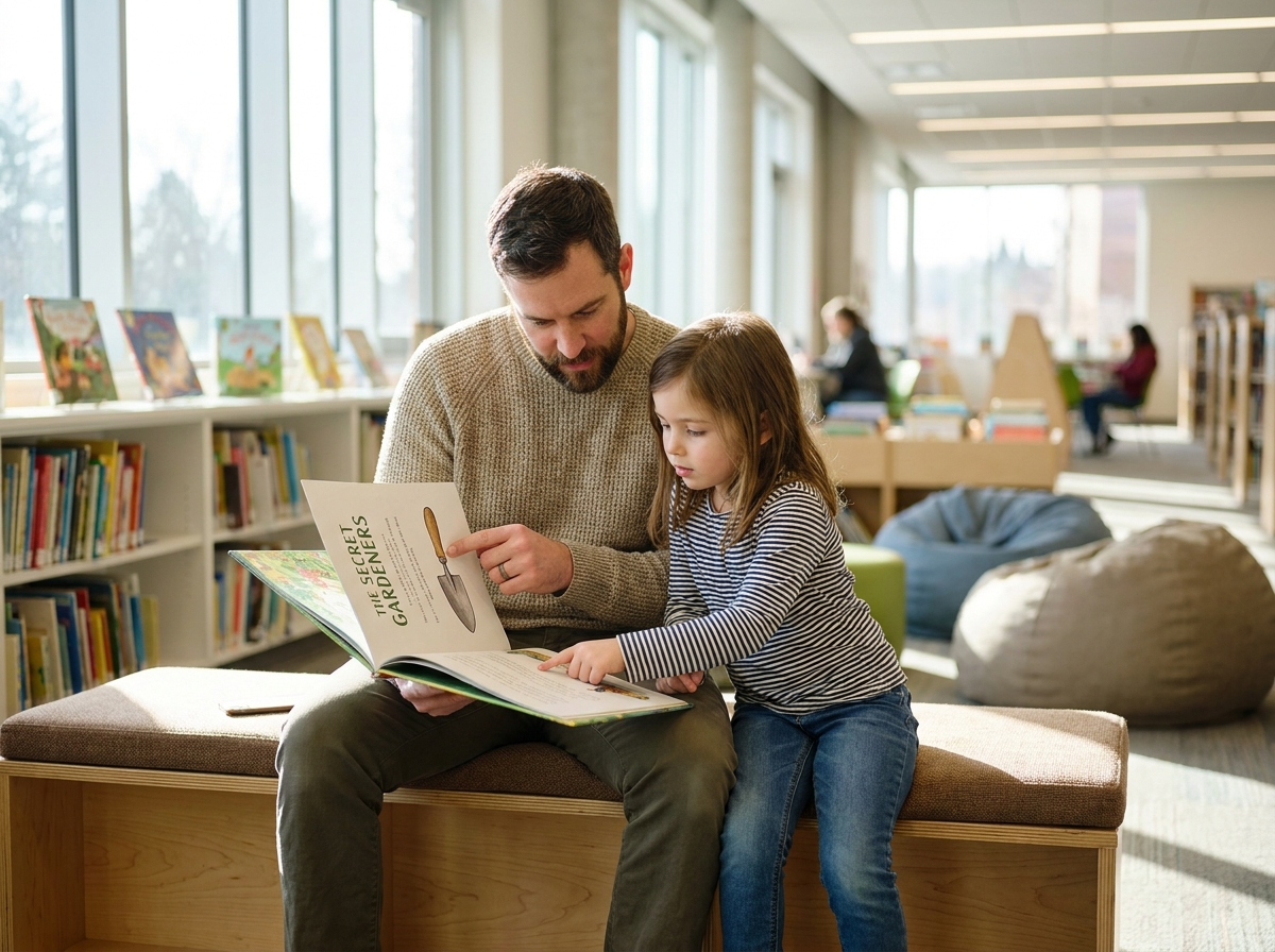 Adulto y niña compartiendo un cuento en una biblioteca mientras ella intenta leer una frase corta.