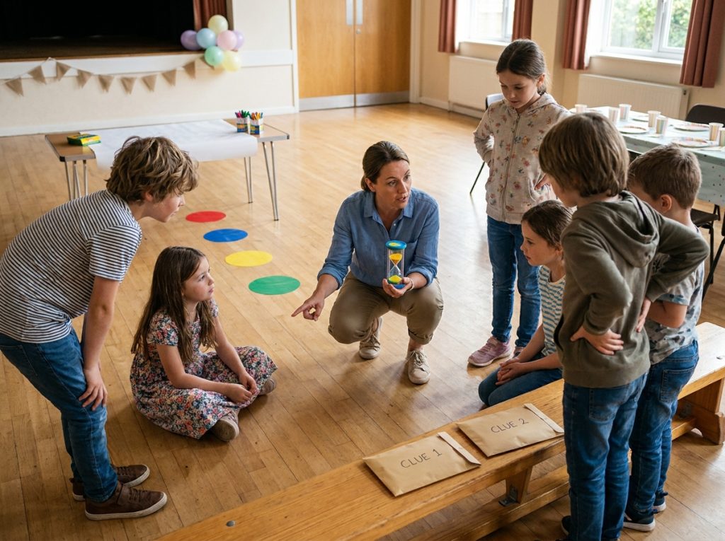 Adulto eligiendo la siguiente actividad con un grupo de niños durante un cumpleaños infantil.