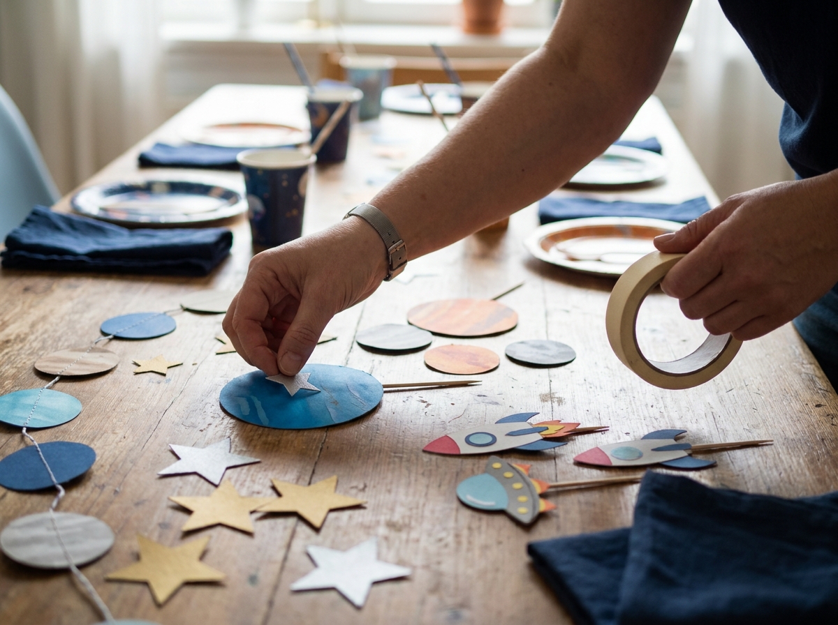 Manos preparando una decoración temática de cumpleaños con estrellas y planetas de papel.