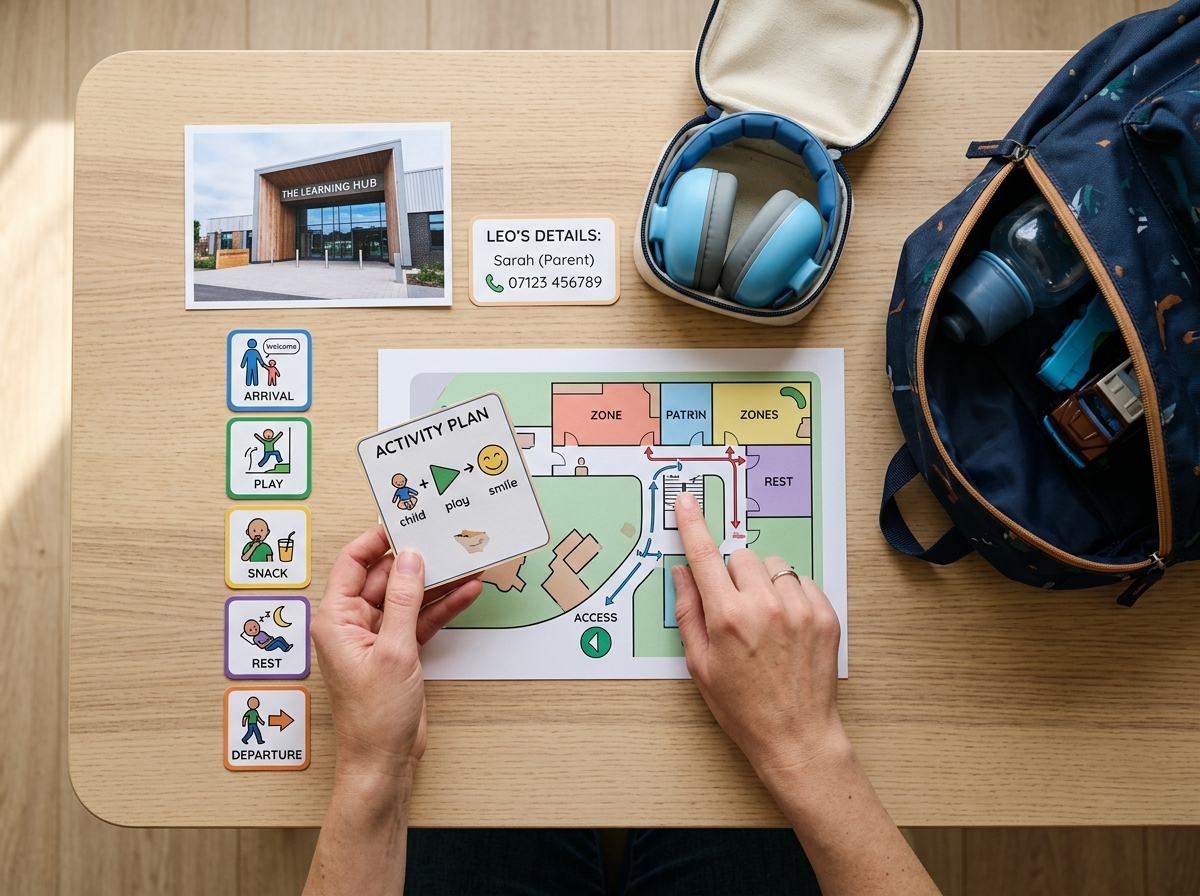 Materiales con plano, pictogramas y auriculares preparados antes de acudir a una actividad infantil.