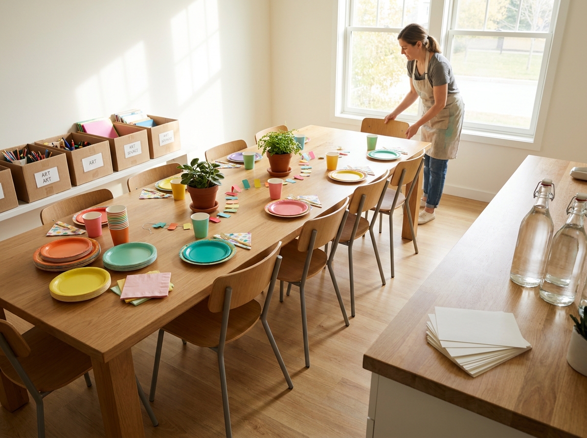 Zona de cumpleaños infantil ya preparada con mesa, materiales y espacio de juego antes de llegar los invitados.