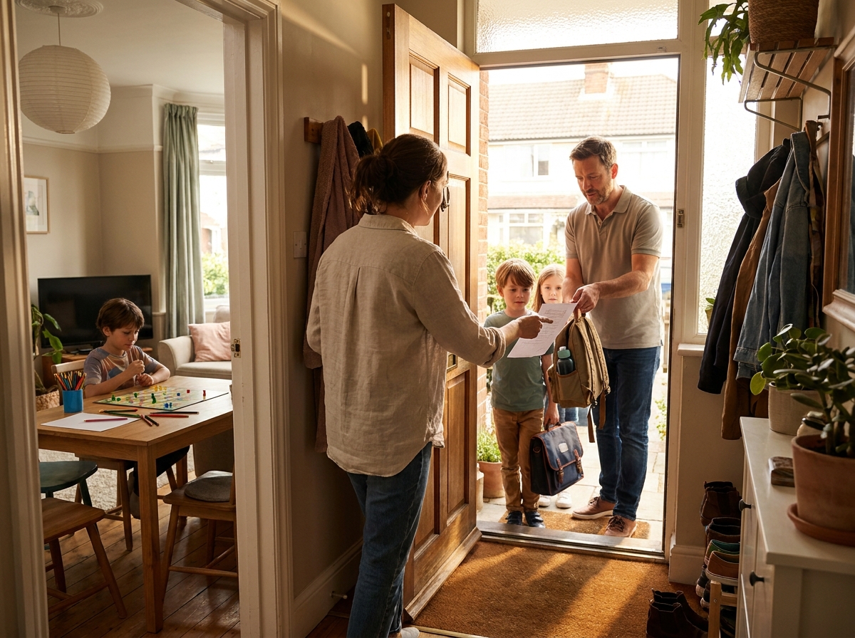 Dos familias coordinándose en la puerta de una vivienda para que varios niños pasen juntos parte del día.
