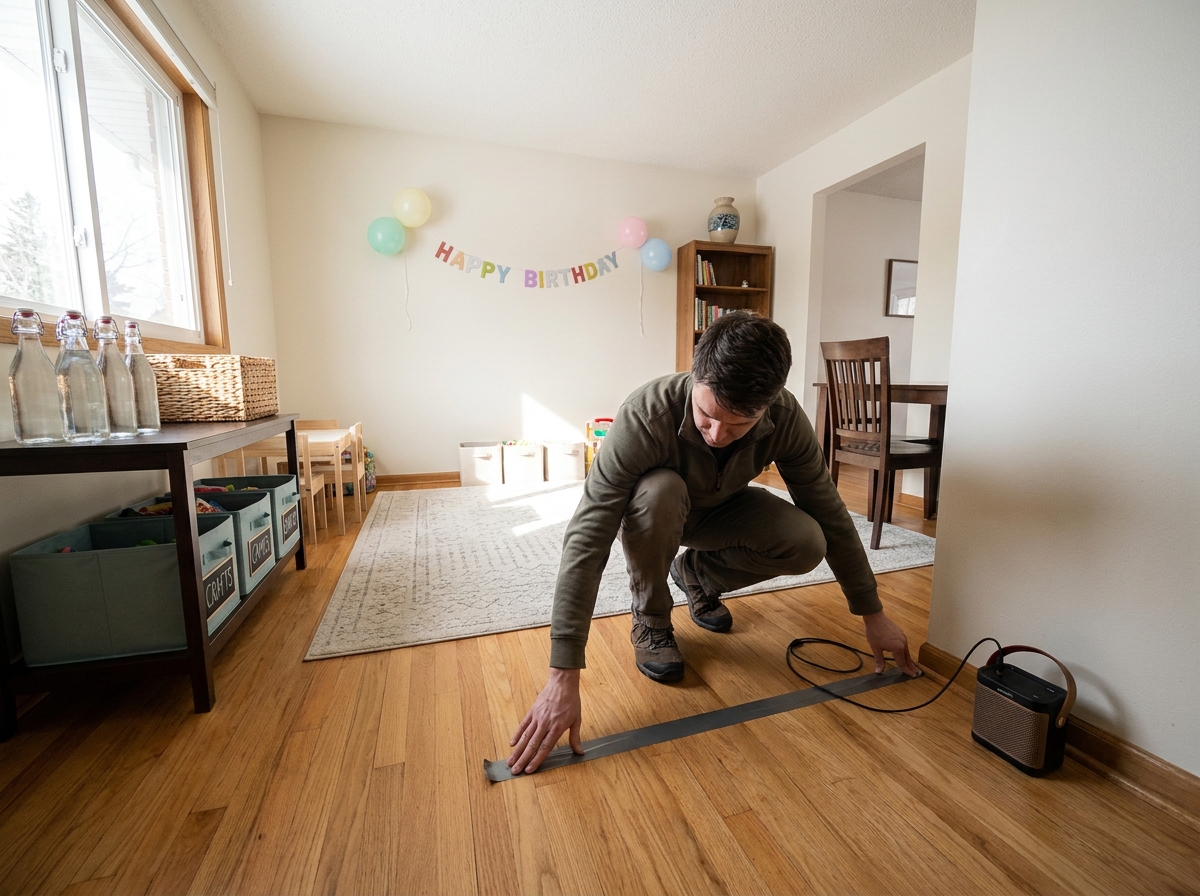Adulto despejando y preparando de forma segura una sala antes de los juegos de un cumpleaños infantil.