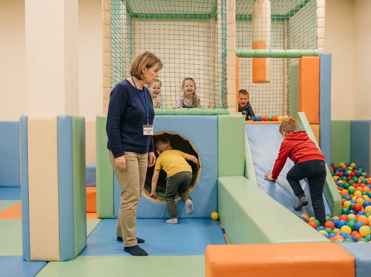 Persona adulta supervisando a varios niños mientras juegan en una instalación infantil acolchada.
