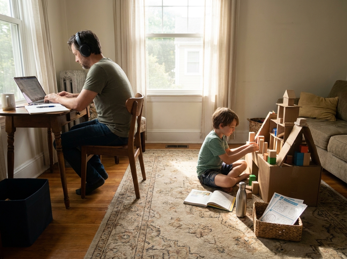 Adulto teletrabajando mientras un niño mayor realiza de forma autónoma una actividad en la misma habitación.