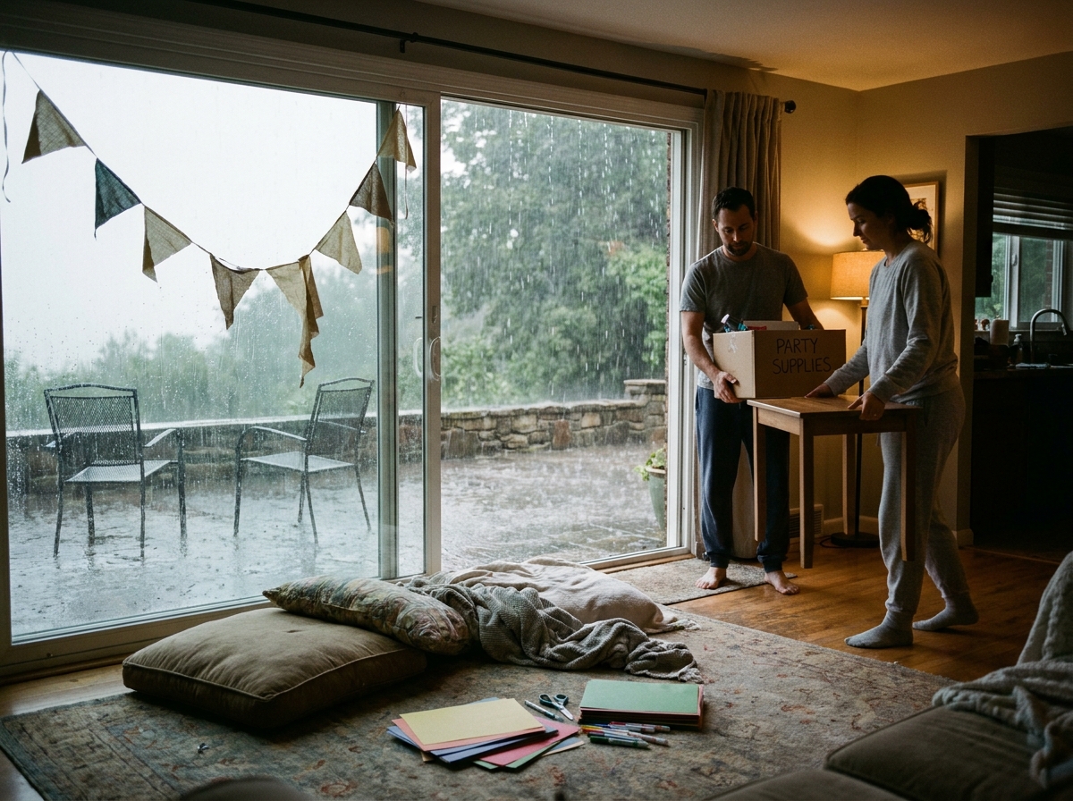 Adultos trasladando los preparativos de un cumpleaños al interior mientras llueve fuera.