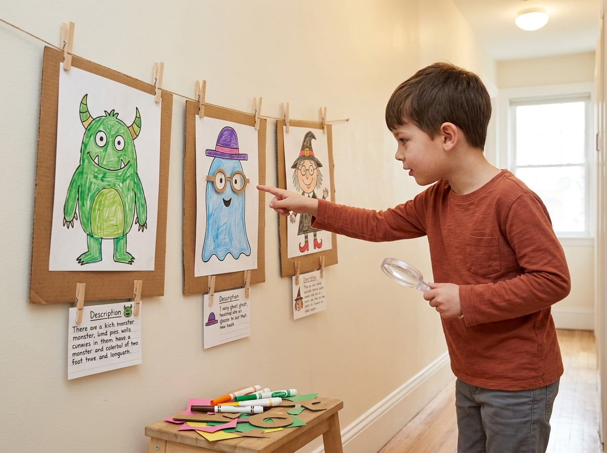 Niño observando tres retratos de monstruos y señalando unas gafas añadidas al dibujo de un fantasma.