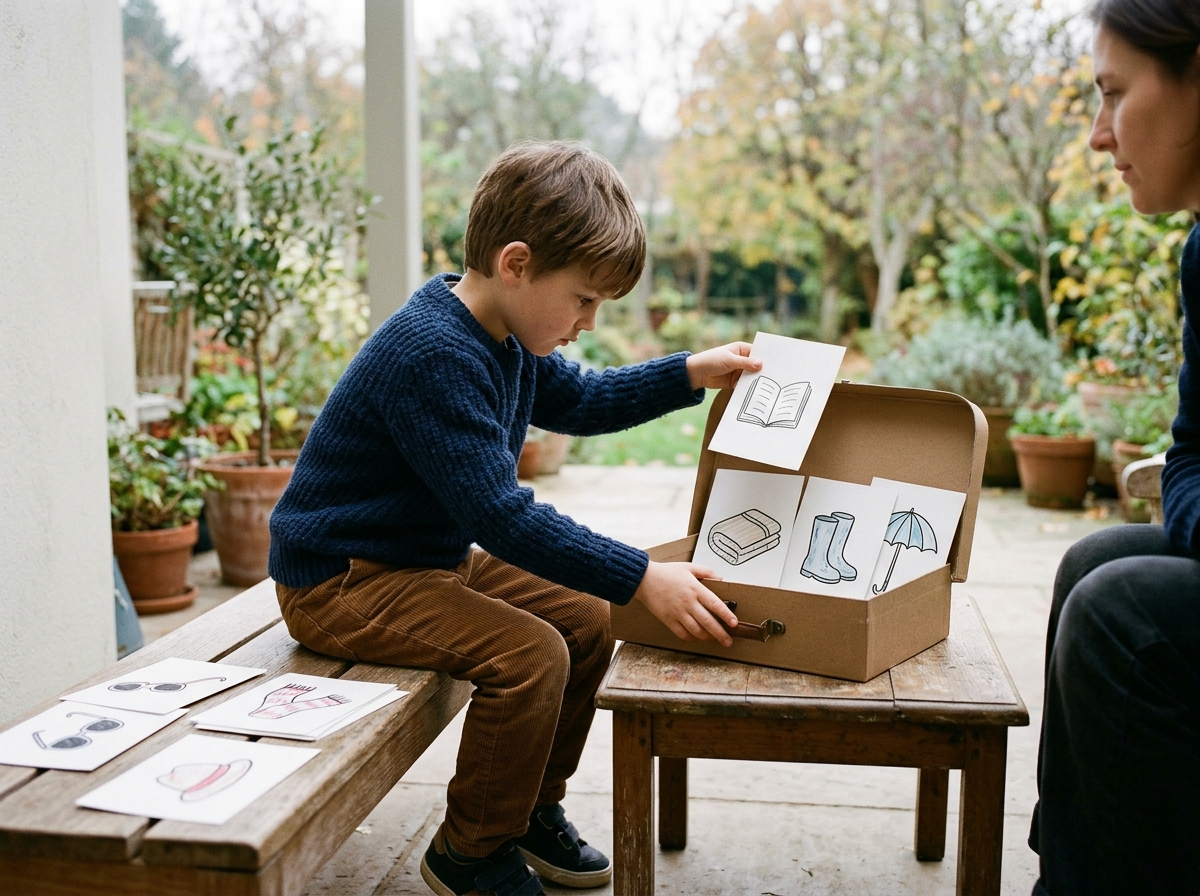 Niño seleccionando tarjetas con objetos para preparar la maleta imaginaria de un fantasma.