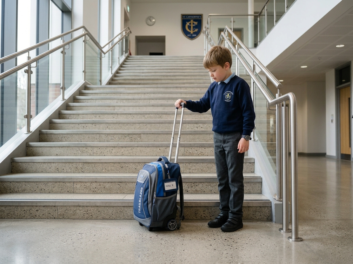 Niño con mochila escolar con ruedas detenido ante una escalera, preparándose para levantarla.