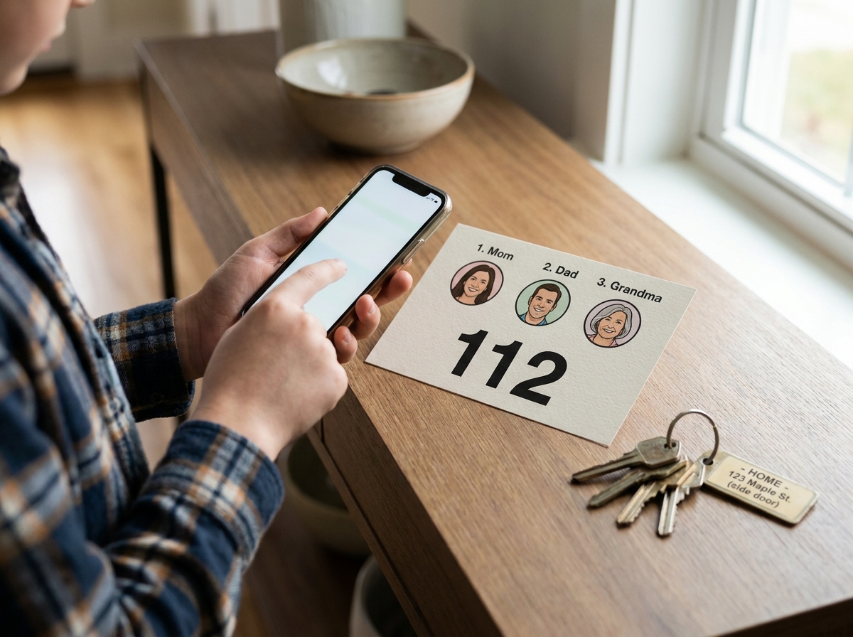 Niño revisa un teléfono y una tarjeta familiar de contactos con el número 112 antes de quedarse solo.