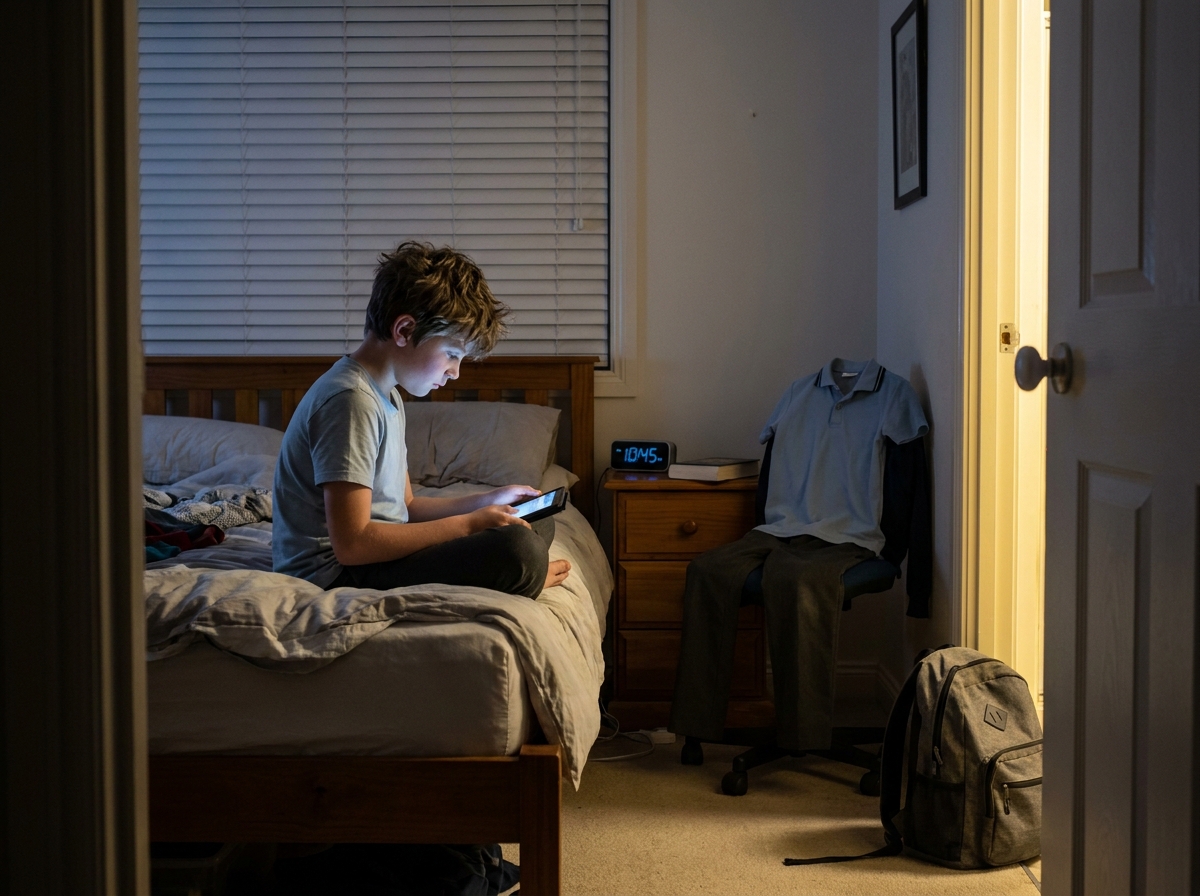 Niño utiliza una tableta en la cama a última hora de la noche con la mochila del colegio preparada para el día siguiente.