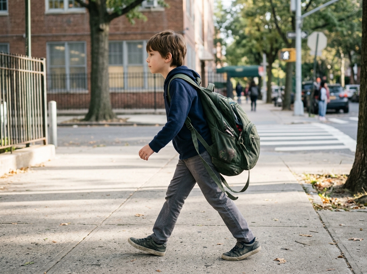 Niño caminando inclinado hacia delante con una mochila escolar demasiado baja y cargada.