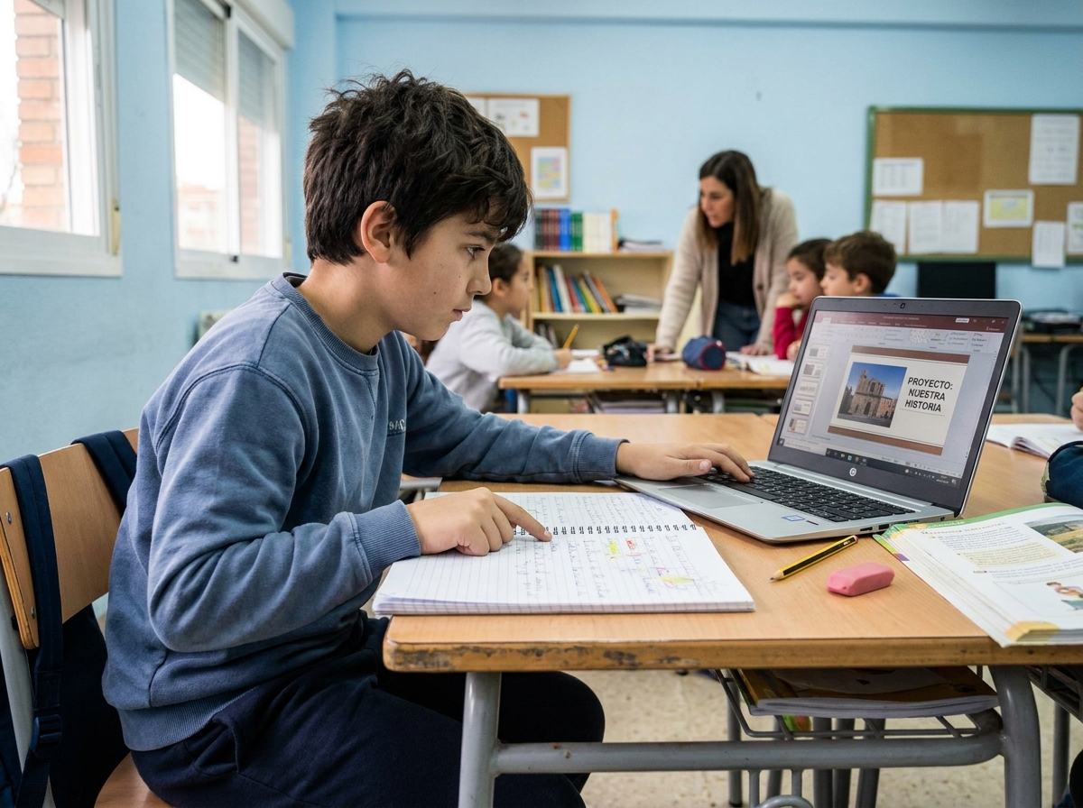 Niño de Primaria utiliza un portátil junto a su cuaderno durante una actividad escolar en clase.