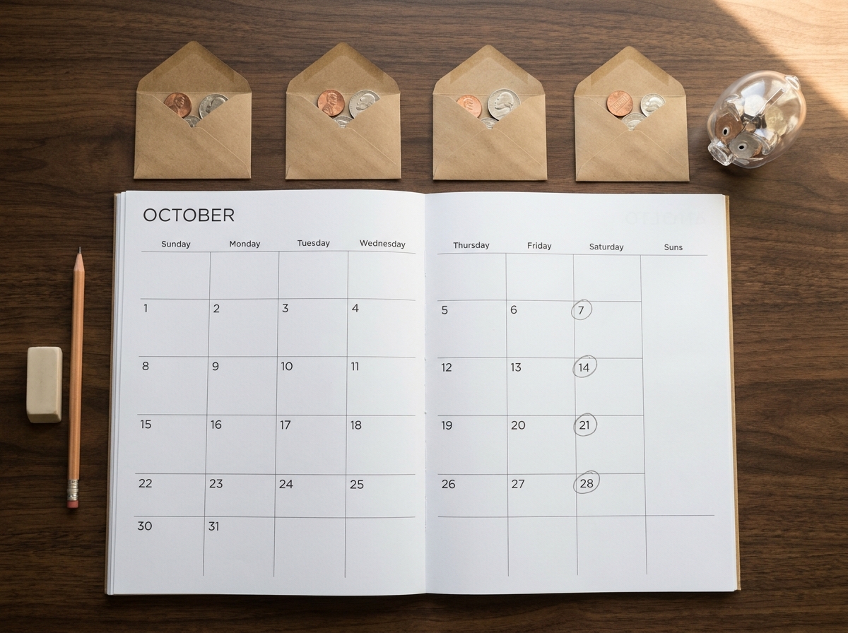 Calendario mensual con cuatro pequeños sobres de paga distribuidos por semanas.