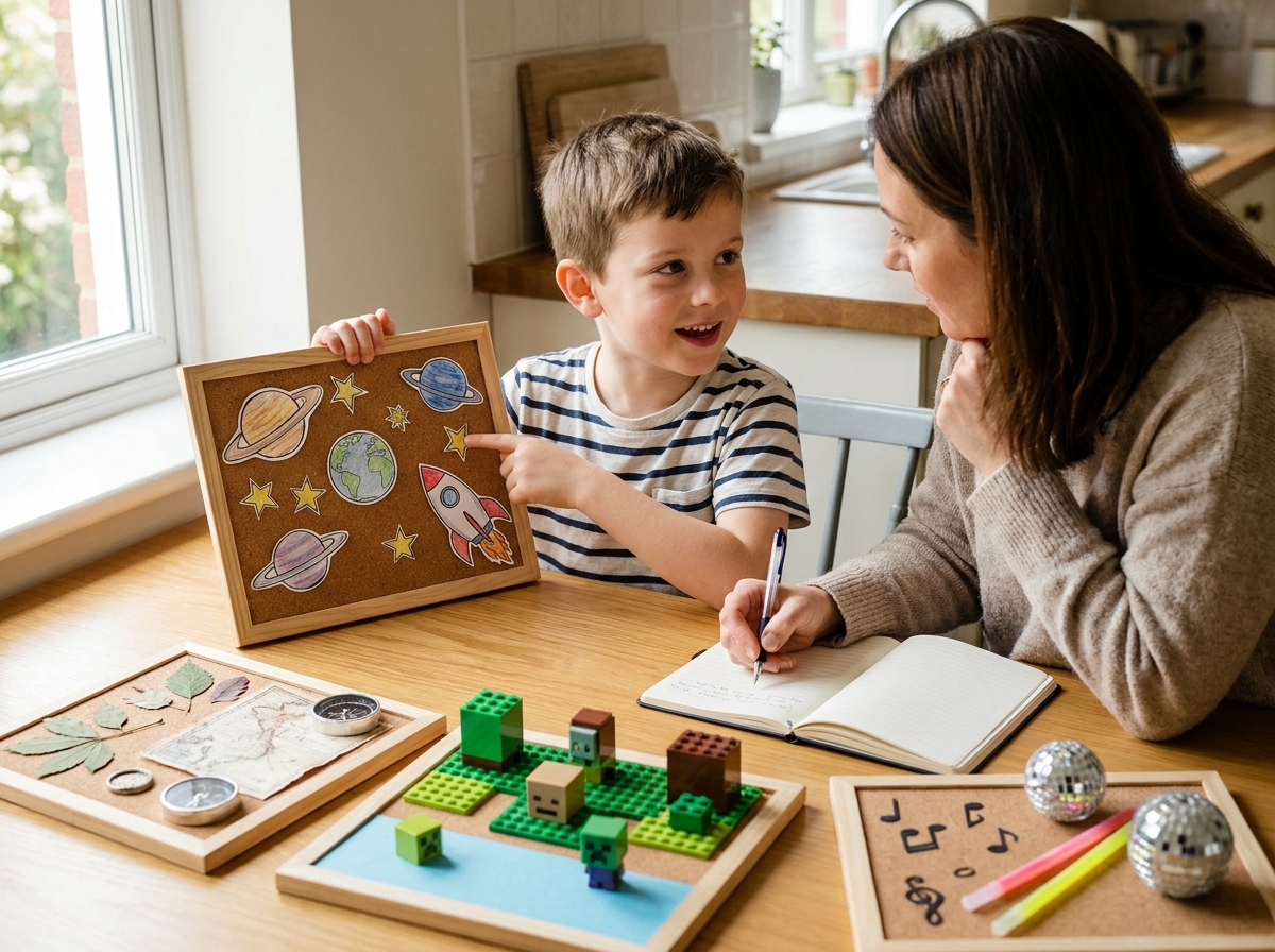Niño eligiendo entre varias propuestas visuales la temática que quiere para su cumpleaños.