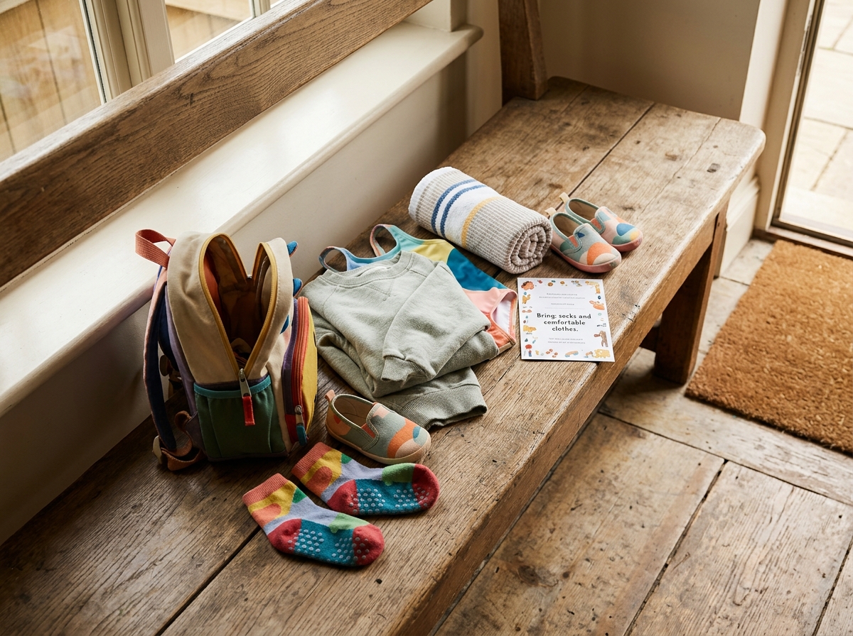 Calcetines, ropa cómoda, bañador, toalla y mochila preparados junto a una invitación de cumpleaños.