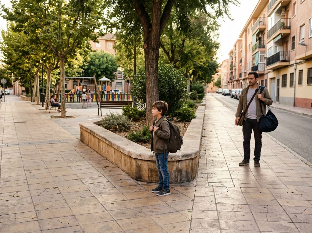 Niño con mochila junto a un adulto a la salida del colegio, ante una plaza que conduce hacia el parque y hacia casa.