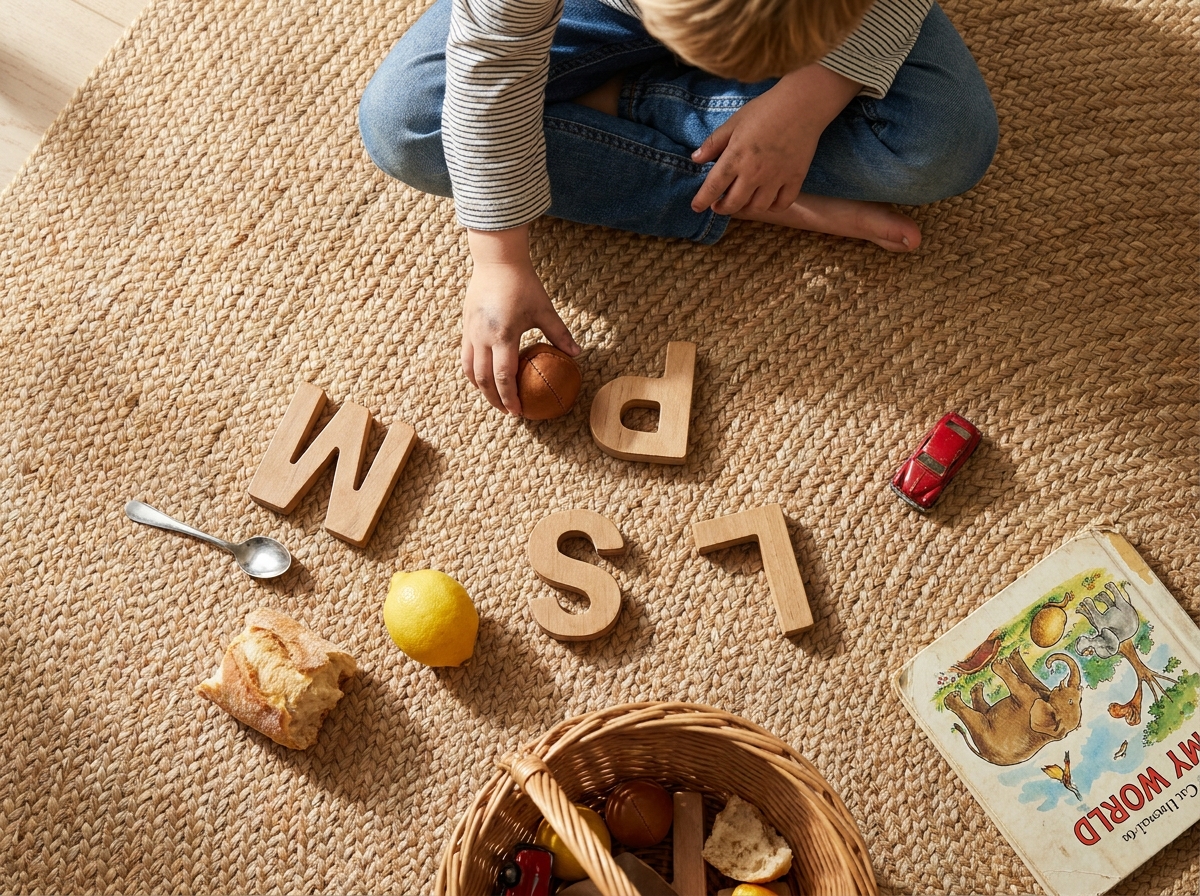 Manos de un niño relacionando letras de madera con objetos que empiezan por distintos sonidos.