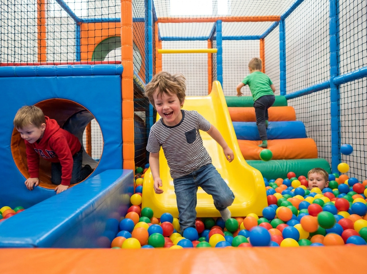 Niños jugando y explorando una estructura de parque de bolas durante un cumpleaños infantil.