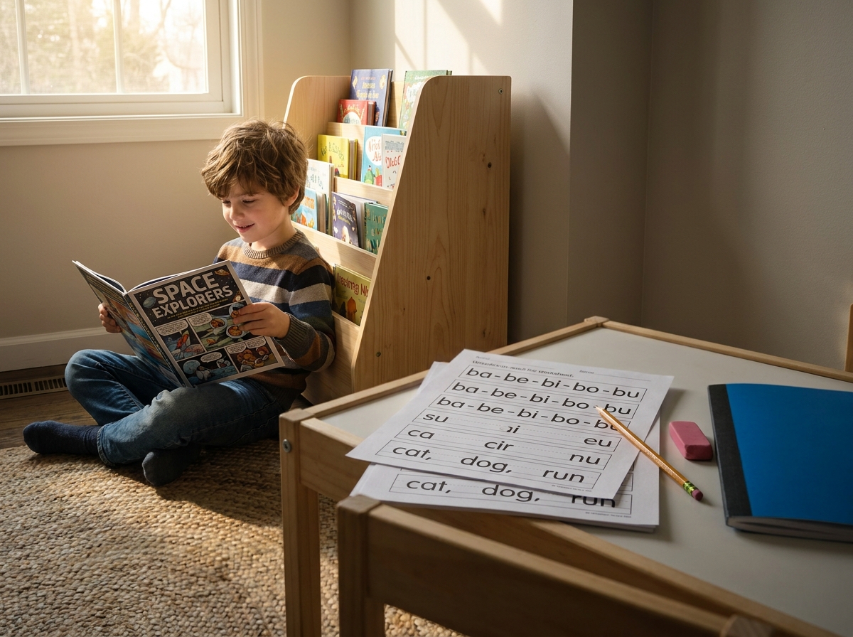 Niño leyendo un cómic elegido por él mientras unas fichas de lectura permanecen sin usar sobre el escritorio.