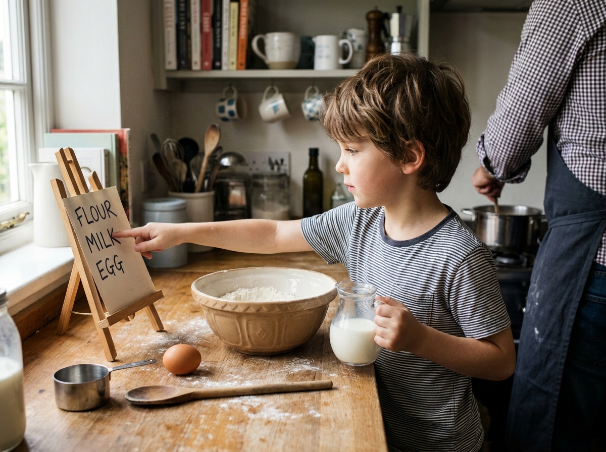 Niño leyendo los ingredientes de una receta mientras prepara comida en una cocina familiar.