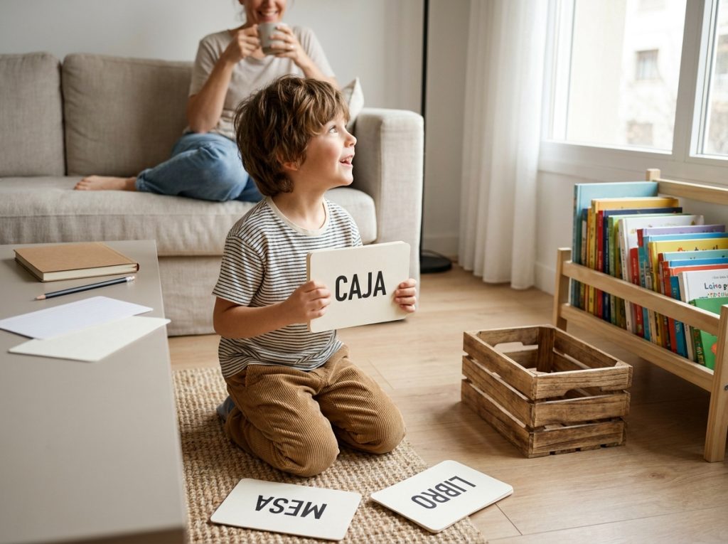 Niño siguiendo pistas con palabras por el salón para encontrar una caja mientras un adulto observa desde el fondo.