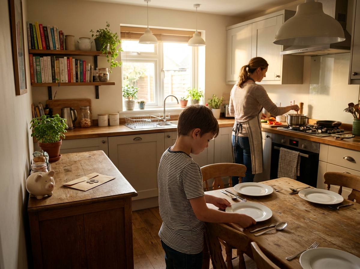 Niño poniendo la mesa mientras un adulto cocina, con la paga guardada aparte de las tareas domésticas.