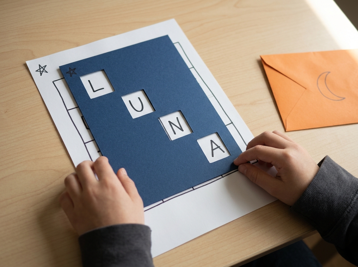 Manos infantiles alineando una plantilla de cartulina con cuatro ventanas para descubrir la palabra LUNA en una cuadrícula de letras.