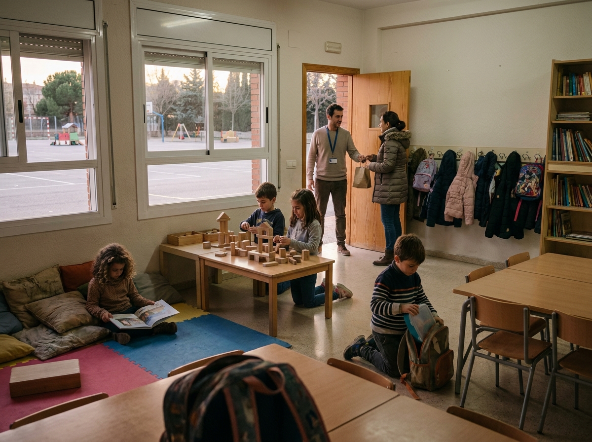 Niños permanecen en una sala del colegio con una monitora mientras una familia llega a recoger a uno de ellos.