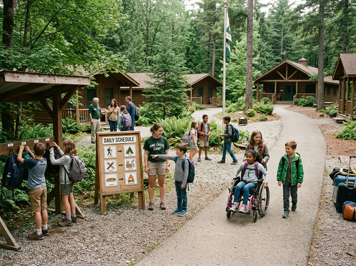 Niños y monitores llegan a un campamento con caminos accesibles e información visual.