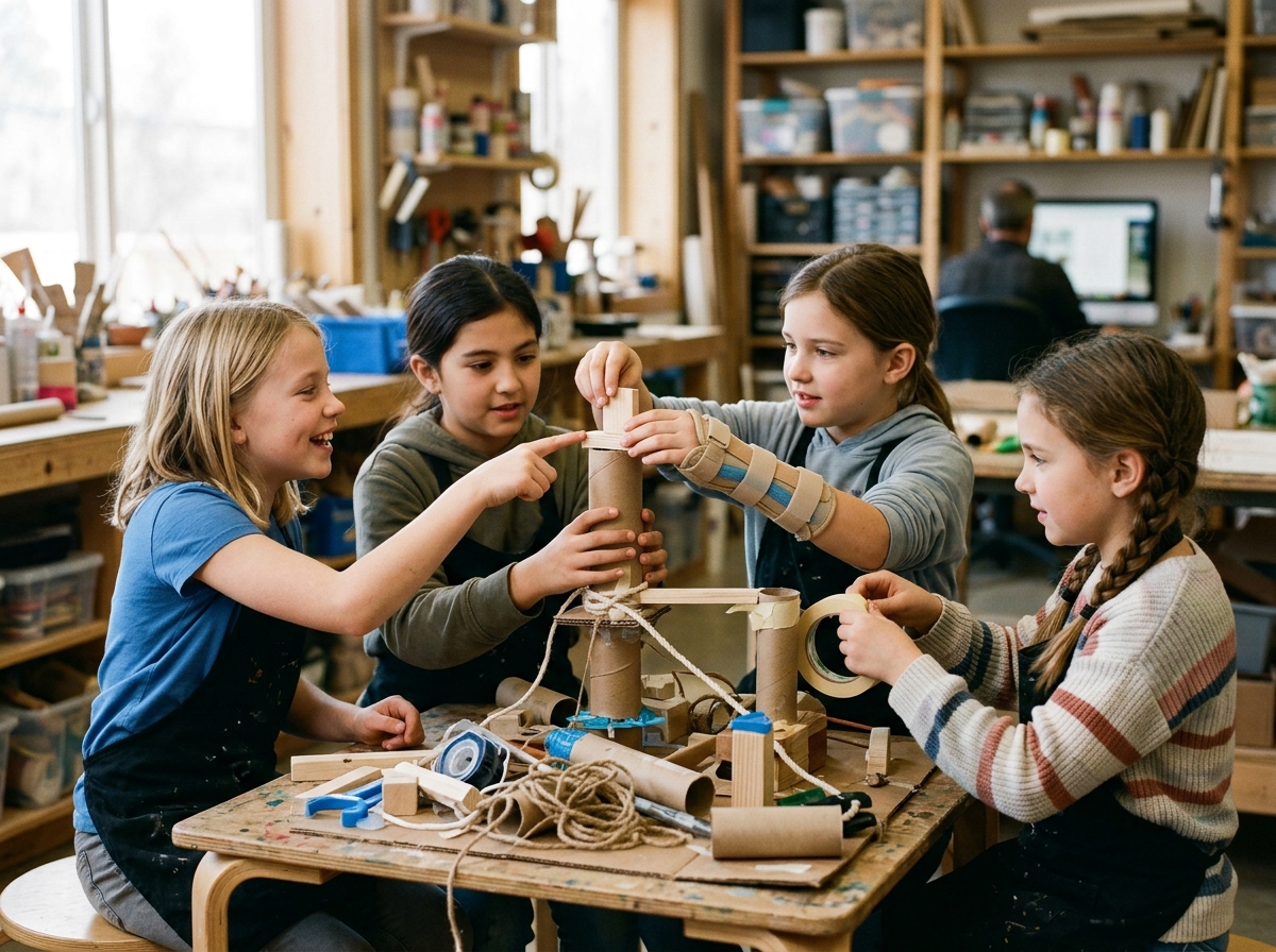 Cuatro niños colaboran directamente entre ellos en una construcción durante un taller.