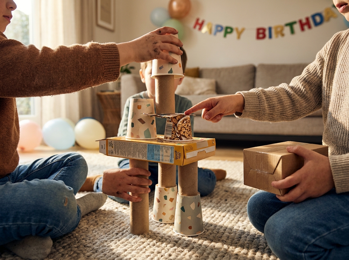 Varias manos infantiles construyendo juntas una torre con vasos y cajas de cartón.