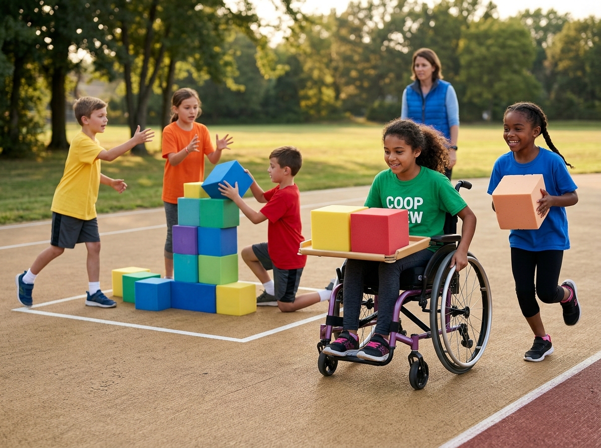 Niños con diferentes funciones cooperan en el mismo juego para construir una torre.