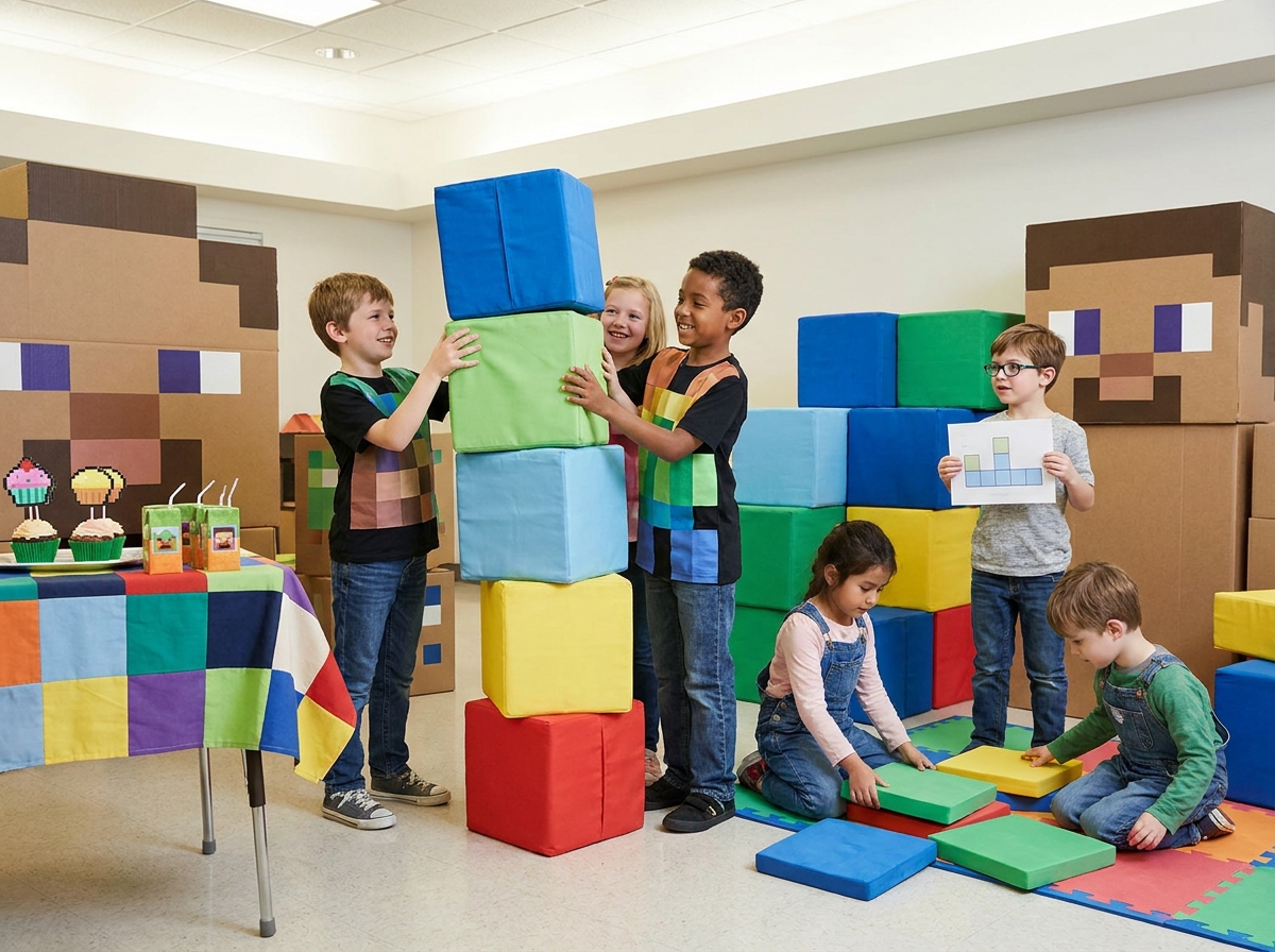 Niños construyendo juntos una torre de bloques durante una fiesta infantil inspirada en mundos pixelados.