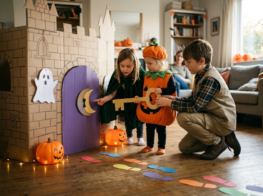 Tres niños de distintas edades colaboran para abrir la puerta de un castillo de cartón durante un juego de Halloween.