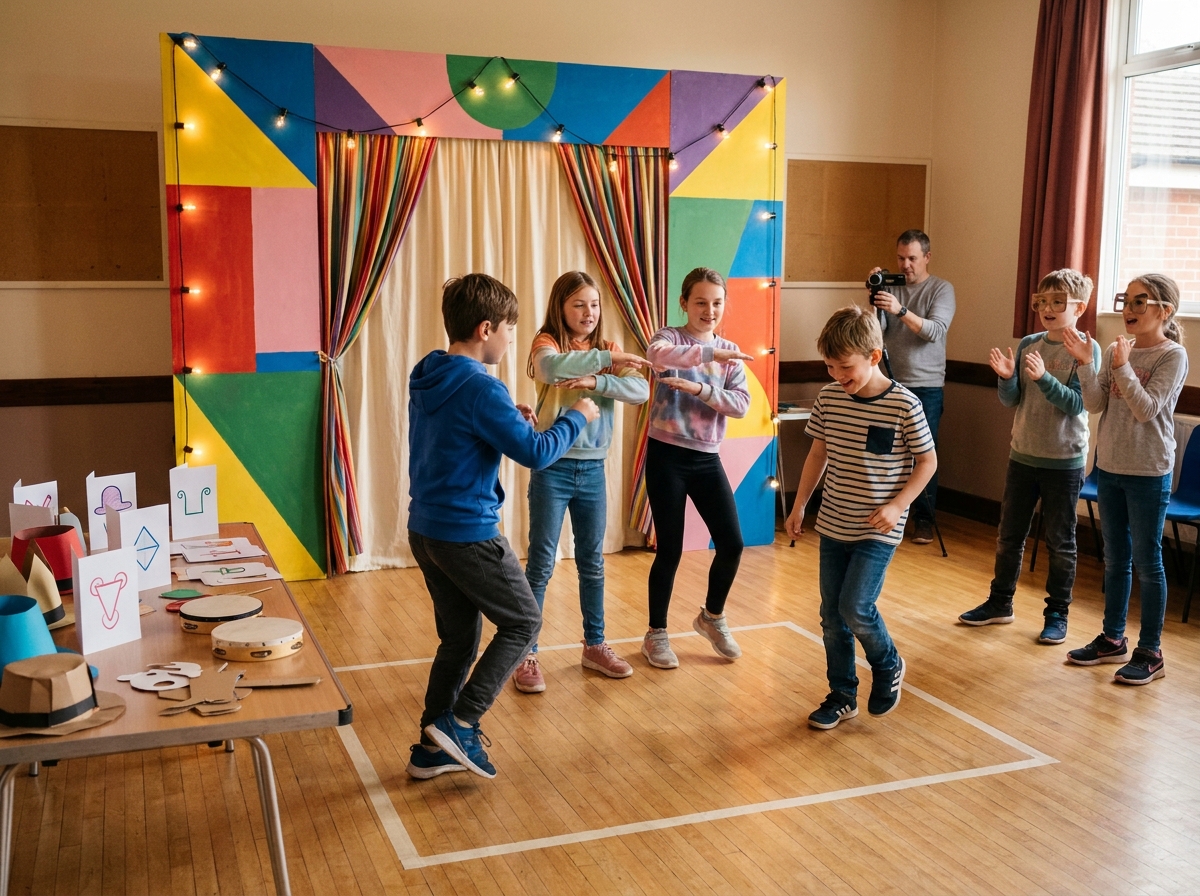 Grupo de niños realizando una coreografía durante una fiesta temática de baile y retos audiovisuales.