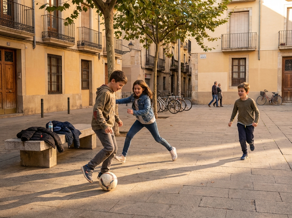 Tres niños juegan espontáneamente con una pelota en una plaza de barrio durante la tarde.