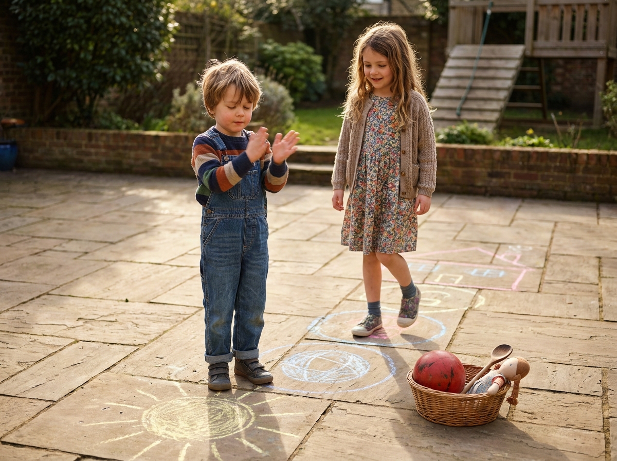 Dos niños jugando con palmadas y dibujos de tiza para separar palabras en sonidos y sílabas.