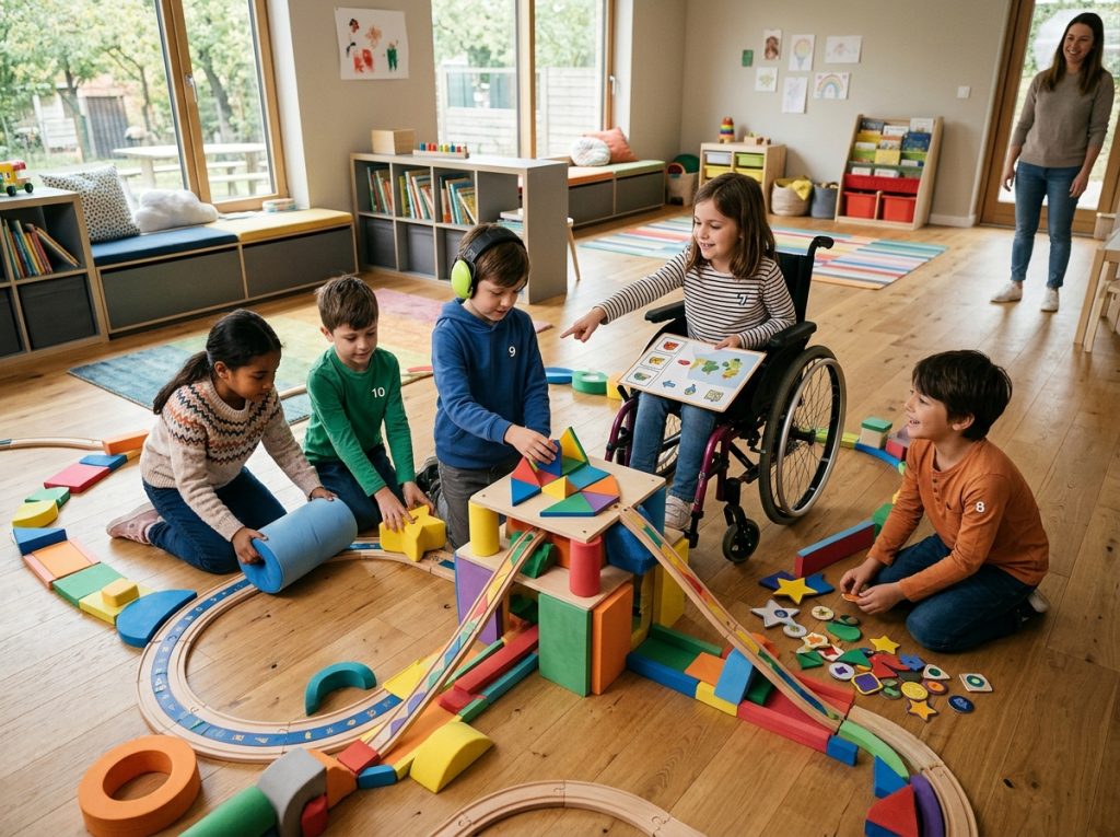 Niños participan de distintas formas en una misma actividad cooperativa de ocio inclusivo.