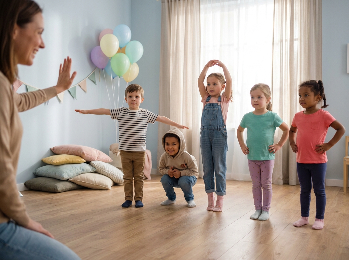 Niños pequeños inmóviles en distintas posturas durante un juego de estatuas sin eliminaciones.